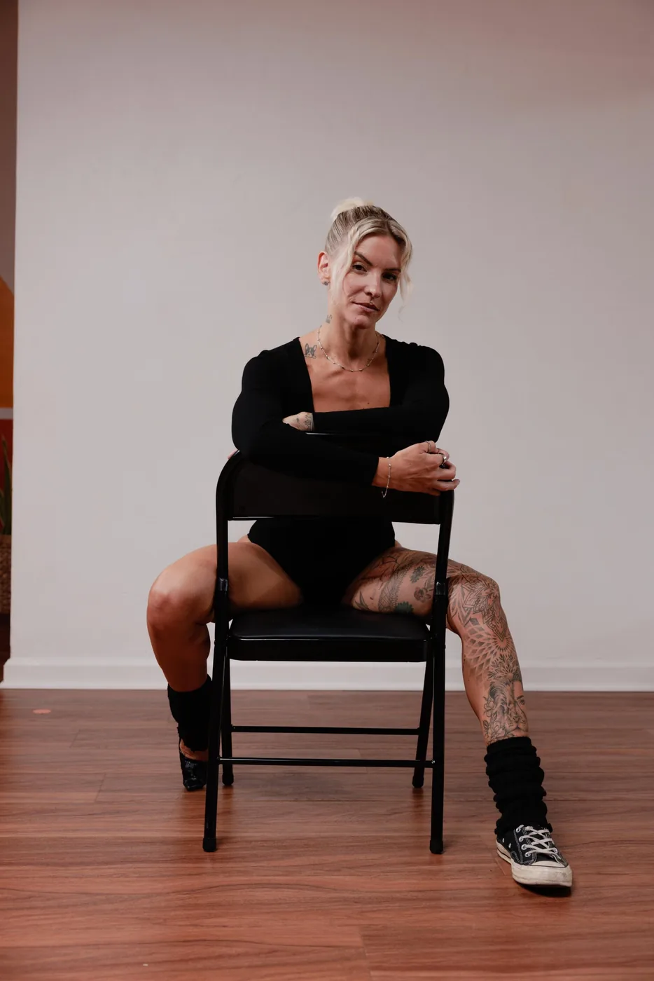 Lydie seated on a studio chair at Sculpte Santa Barbara